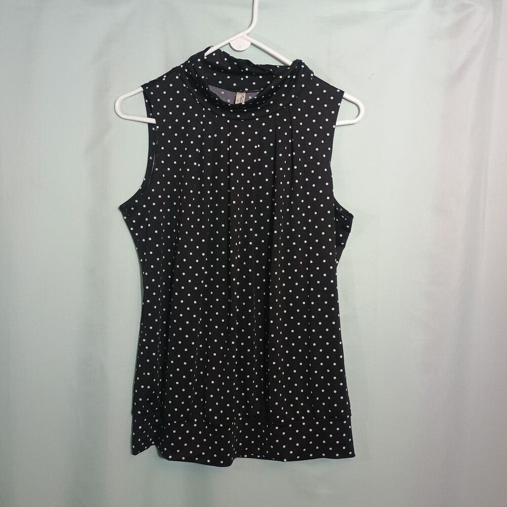 Women’s Black & White Polka Dot Sleeveless Blouse – Pleated Mock Neck Top